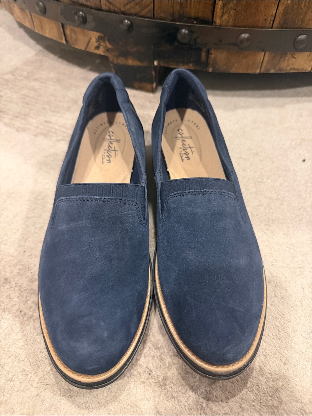 Collection by Clark’s Navy Suede Slip-On Loafers with Light Tan Trim